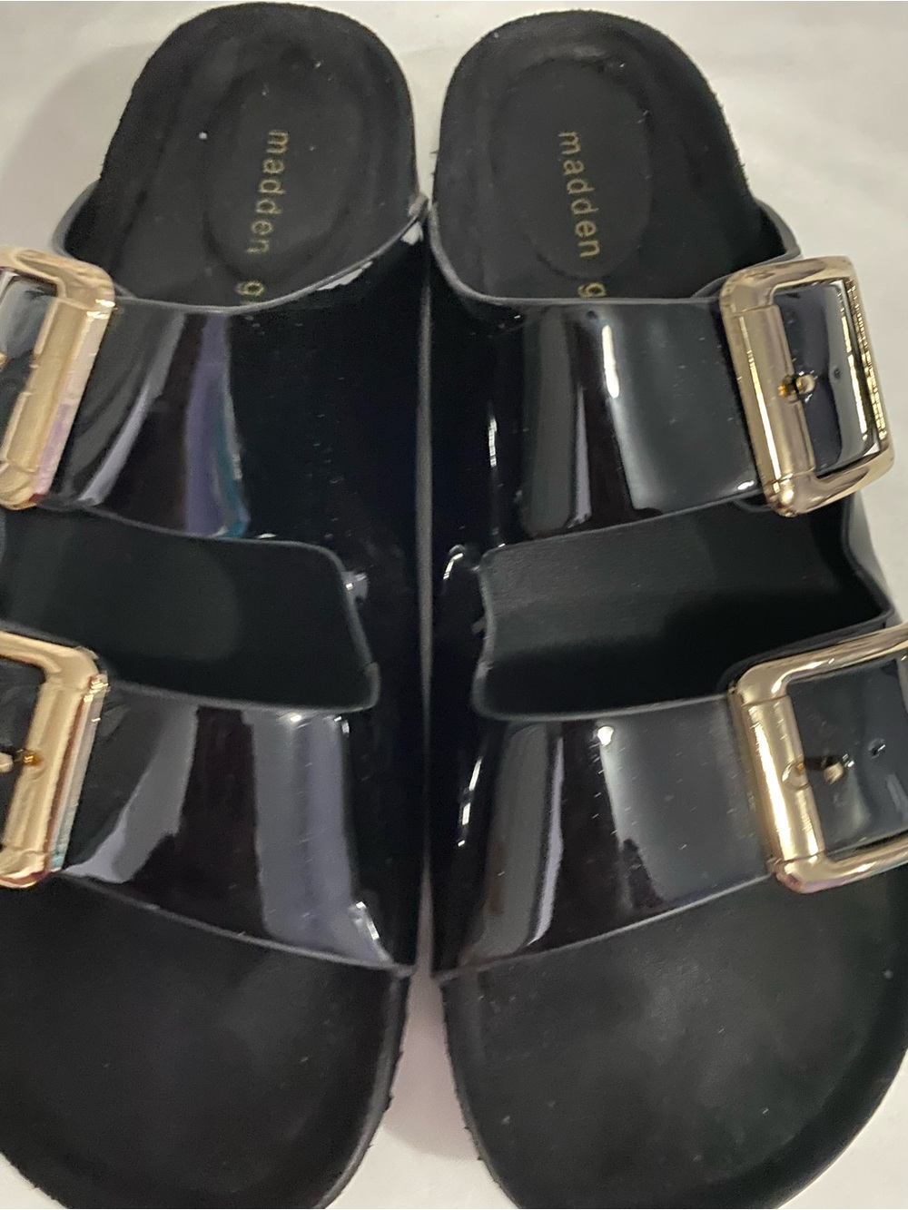 Women’s Steve Madden Shiny Black Slip On Open Toe Slides Size 9